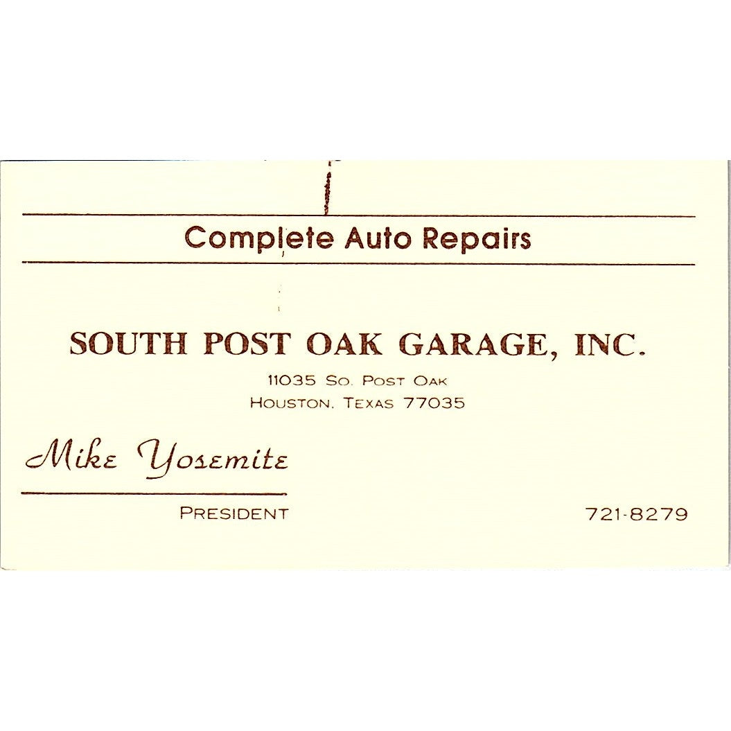 Mike Yosemite South Post Oak Garage Houston Vintage Business Card SD9-B7
