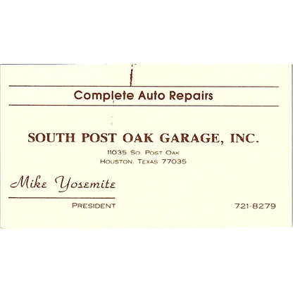 Mike Yosemite South Post Oak Garage Houston Vintage Business Card SD9-B7