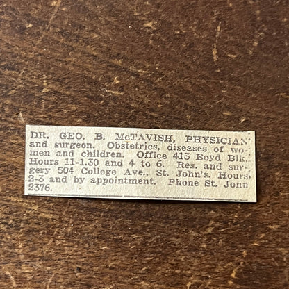 Dr Geo B McTavish Physician & Surgeon St. John Winnipeg 1920 Ad AG2-S14
