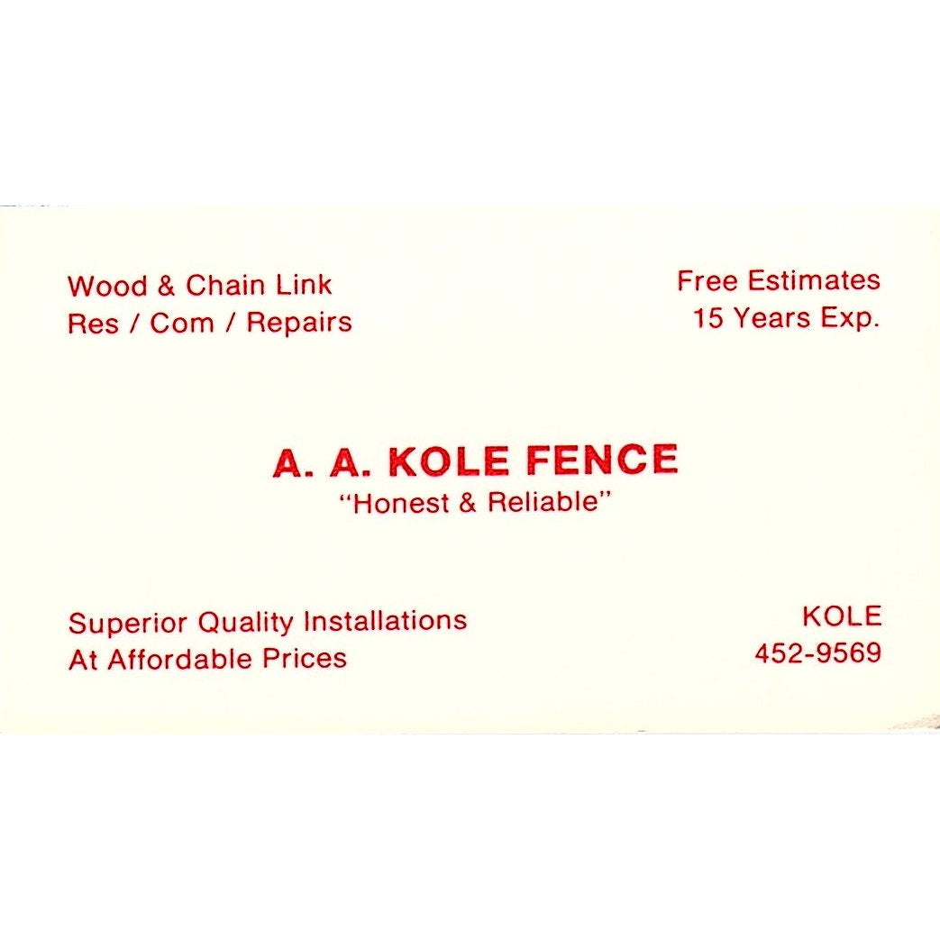 A.A. Kole Fence Vintage Business Card SC9-B1