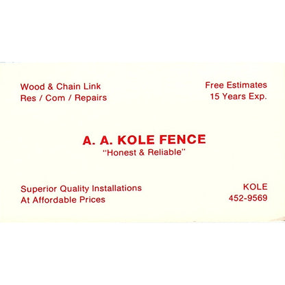 A.A. Kole Fence Vintage Business Card SC9-B1