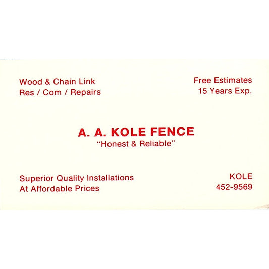 A.A. Kole Fence Vintage Business Card SC9-B1