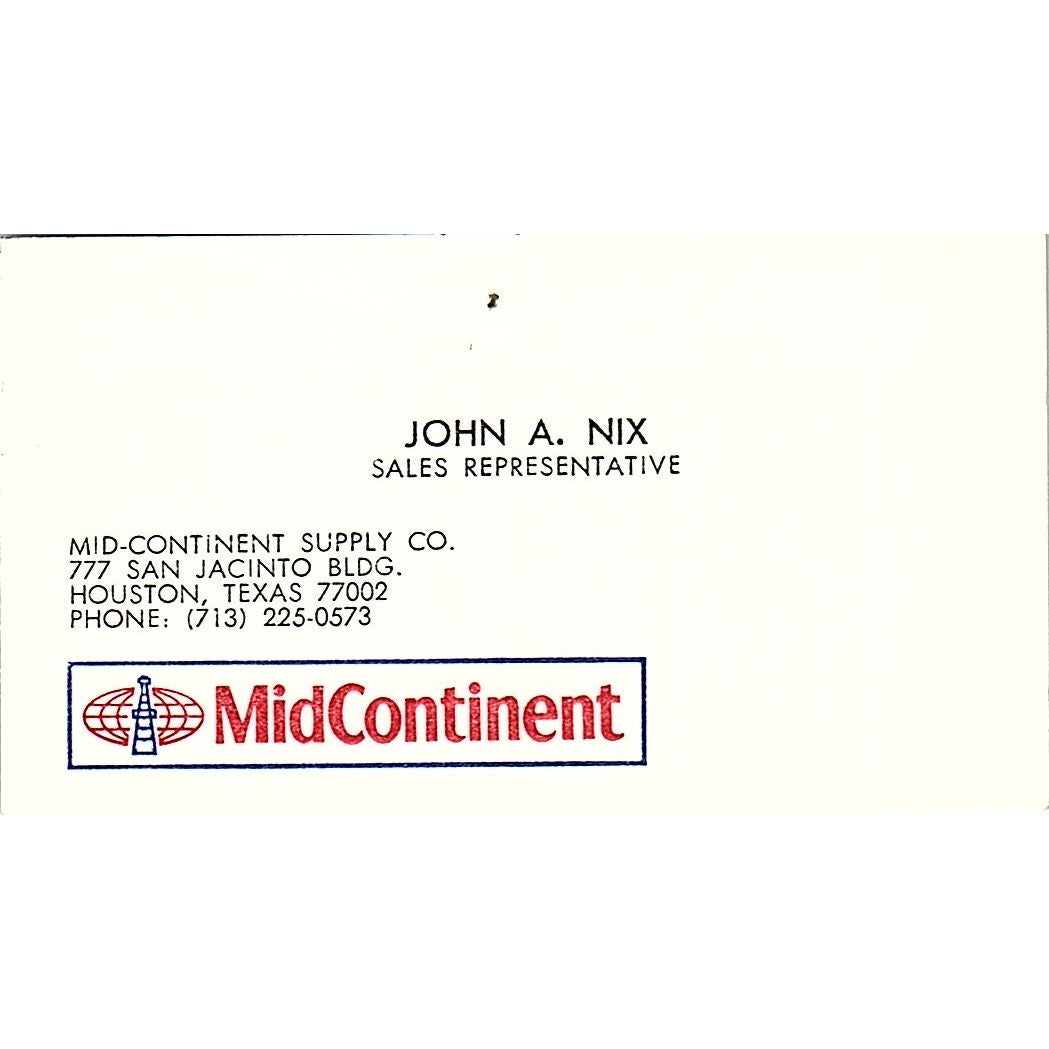 Mid Continent Supply John A. Nix Houston Texas Vintage Business Card SB4-B11