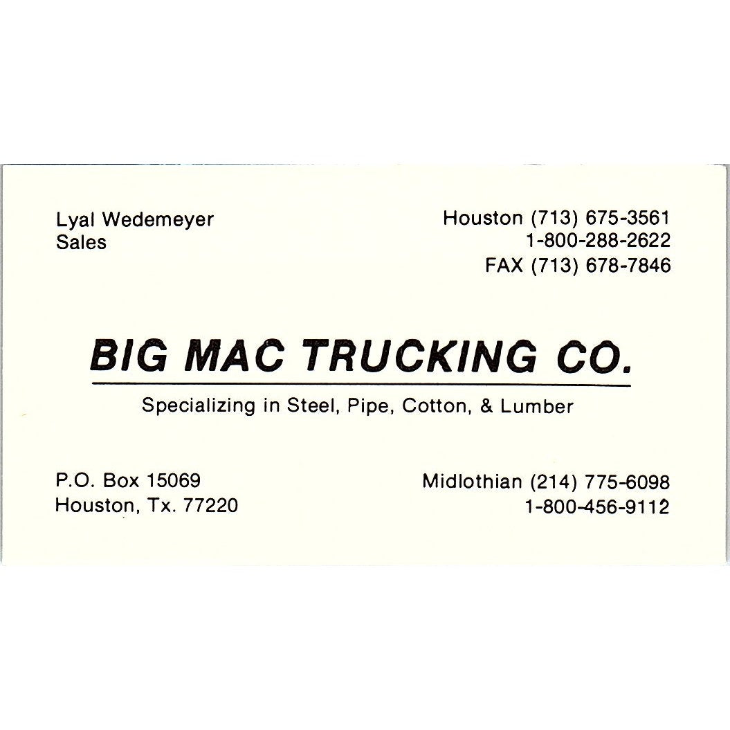 Big Mac Trucking Co. Lyal Wedemeyer Houston Texas Vintage Business Card SB4-B5