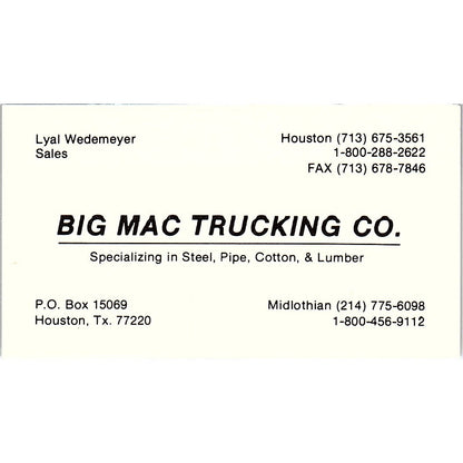 Big Mac Trucking Co. Lyal Wedemeyer Houston Texas Vintage Business Card SB4-B5