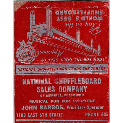 National Shuffleboard Sales Co Merrill WI John Barros Matchbook Cover TH2-Y4