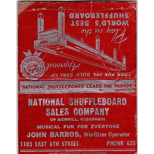 National Shuffleboard Sales Co Merrill WI John Barros Matchbook Cover TH2-Y4