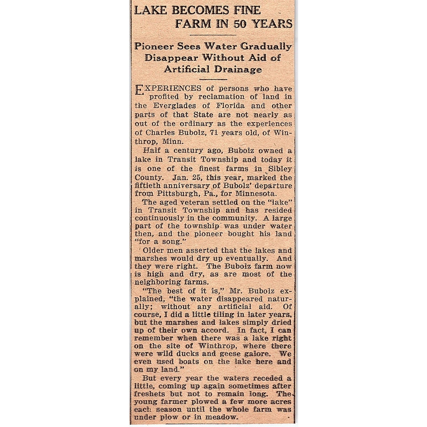 Charles Bubolz Winthrop MN Lake Becomes Farm in 50 Years 1926 Article AG3-4