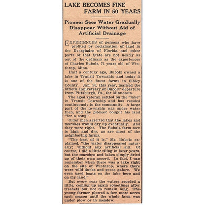 Charles Bubolz Winthrop MN Lake Becomes Farm in 50 Years 1926 Article AG3-4