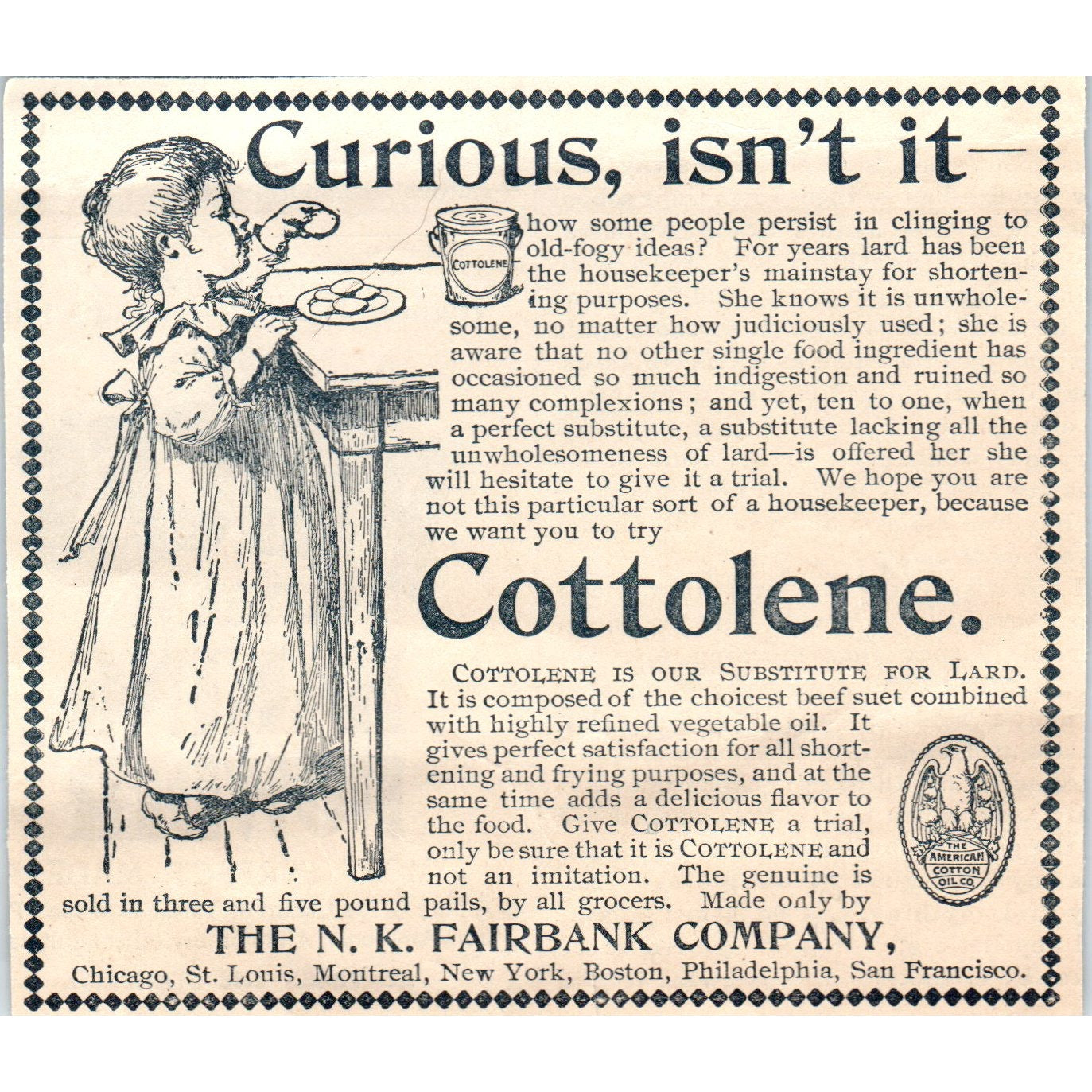 Cottolene Lard Substitute N.K. Fairbank Co. 1894 Ad AB6-SL1