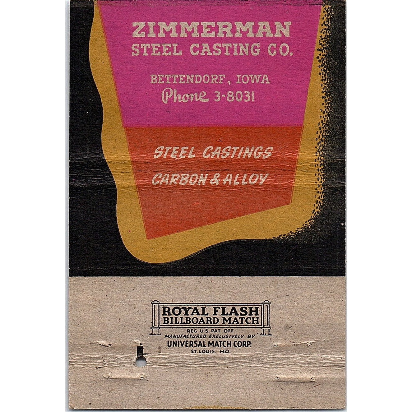 Zimmerman Steel Casting Co Bettendorf Iowa Vintage Matchbook TB6-MB2-10