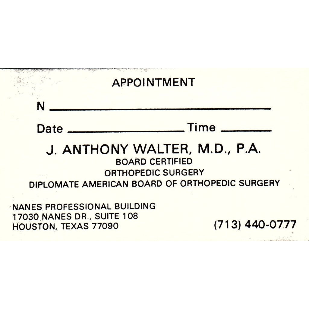 J. Anthony Walter MD Orthopedic Surgery Houston Vintage Business Card SC9-B4