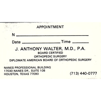 J. Anthony Walter MD Orthopedic Surgery Houston Vintage Business Card SC9-B4