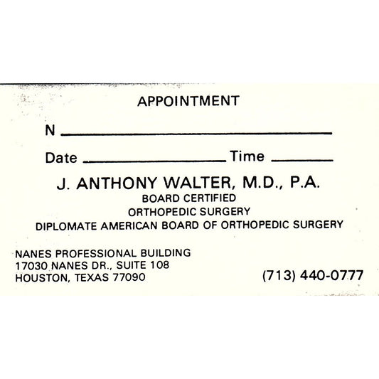 J. Anthony Walter MD Orthopedic Surgery Houston Vintage Business Card SC9-B4