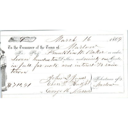 1869 Marlow NH Franklin W. Baker John Q. Jones Eben P. Knight Receipt AF2-A3