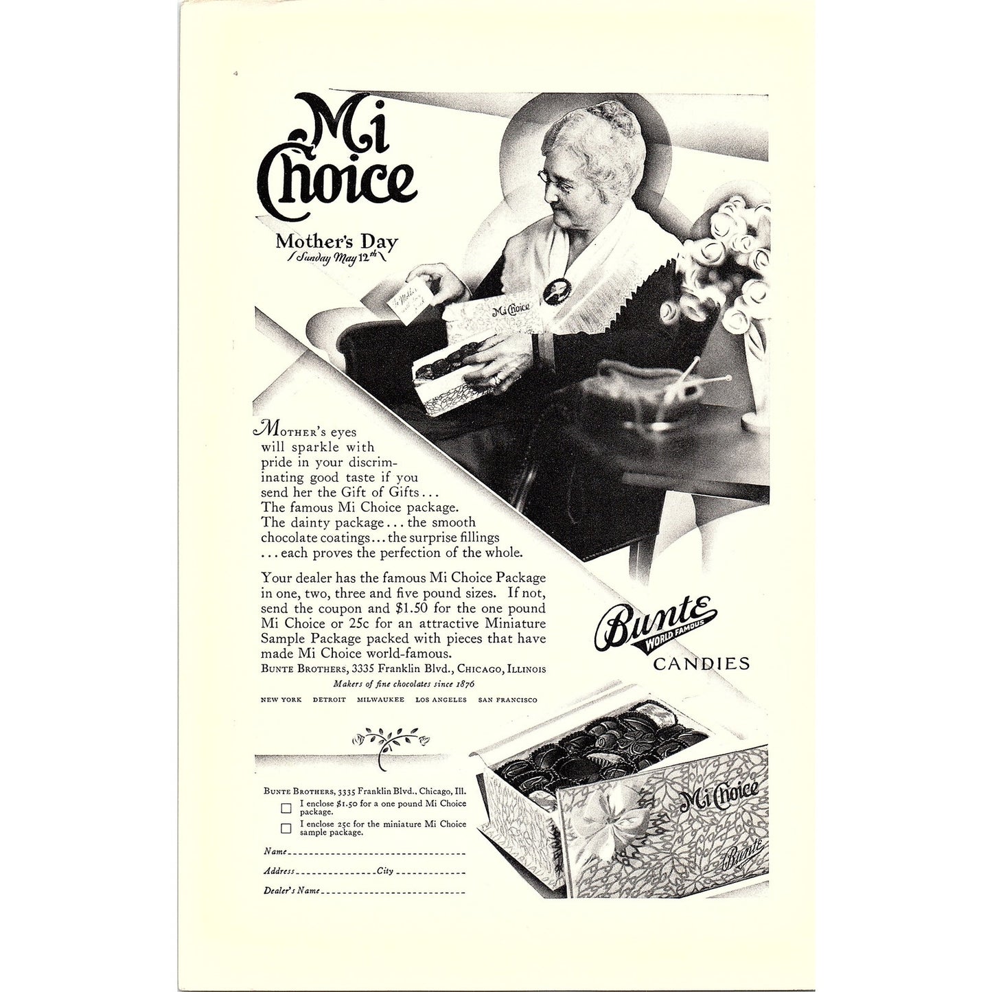 Mi Choice Bunte Famous Candies Mothers Day Chicago 6x10" 1920s Original Ad D24