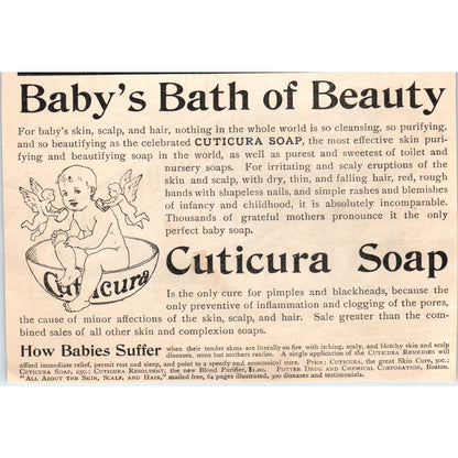 Cuticura Bath Soap for Babies Cherubs Boston MA 1892 Magazine Ad AB6-SM2