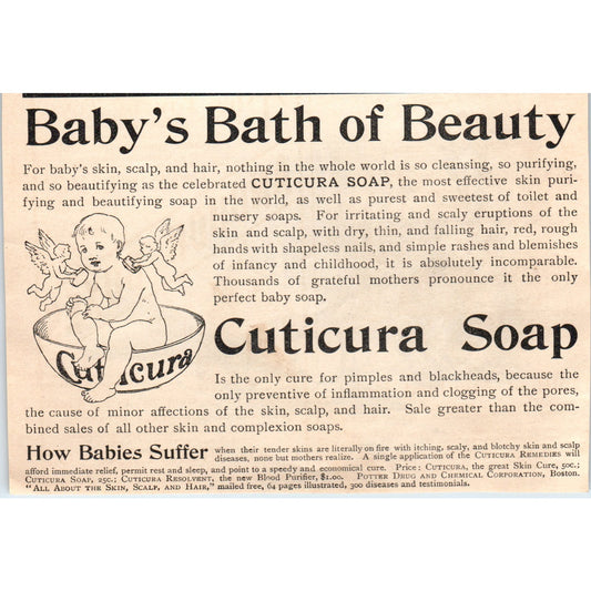 Cuticura Bath Soap for Babies Cherubs Boston MA 1892 Magazine Ad AB6-SM2