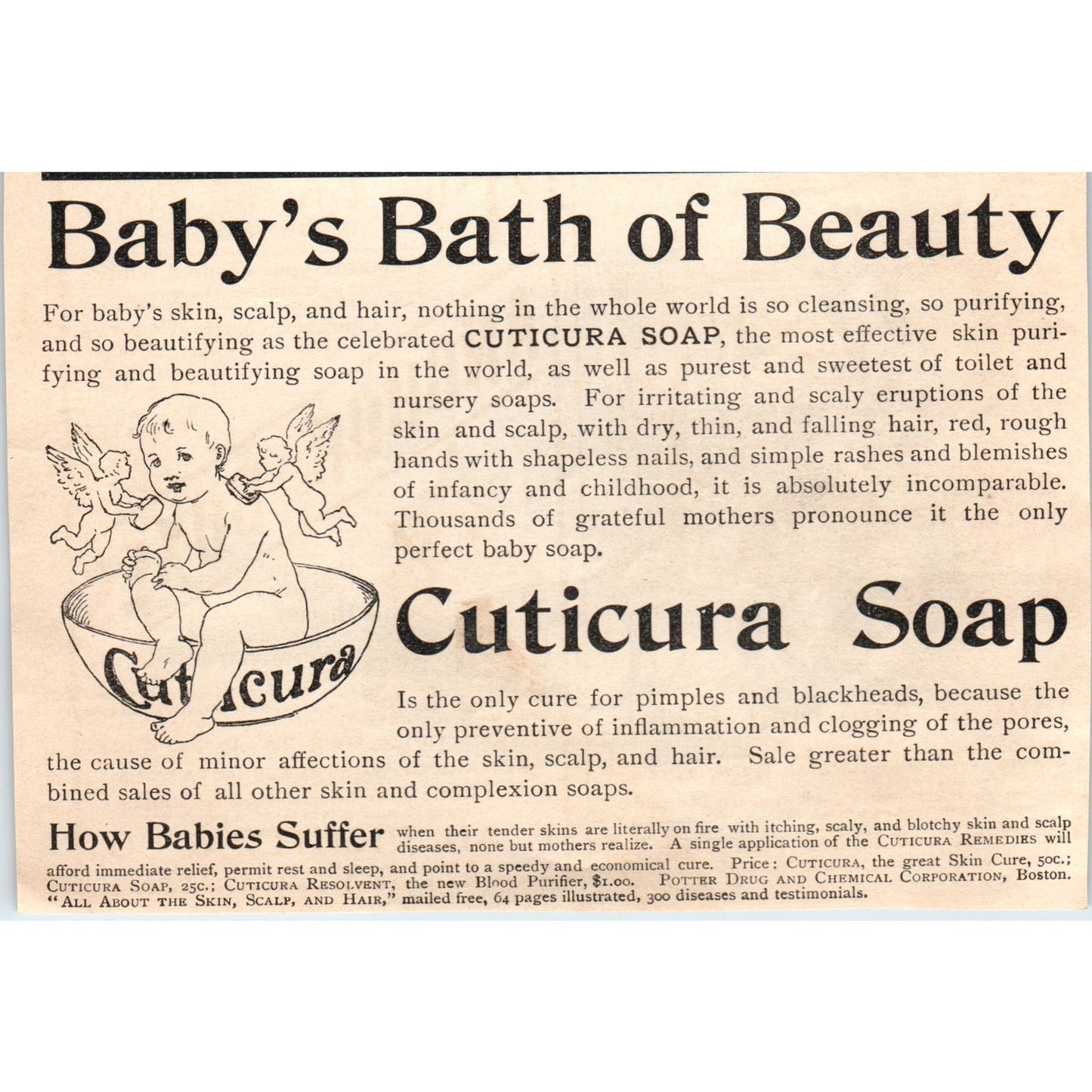 Cuticura Bath Soap for Babies Cherubs Boston MA 1892 Magazine Ad AK5-H8