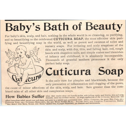 Cuticura Bath Soap for Babies Cherubs Boston MA 1892 Magazine Ad AK5-H8