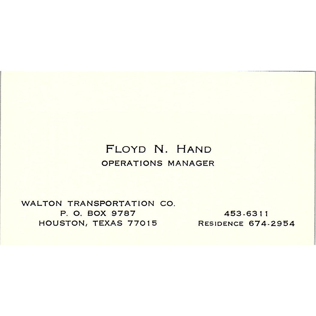 Walton Transportation Co Floyd N Hand Houston Texas Vintage Business Card SB4-B5