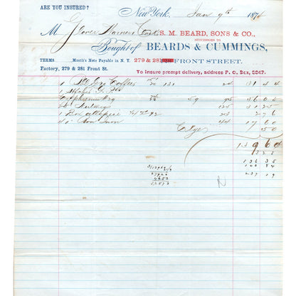 1874 S.M. Beard, Sons & Co Front St. New York Receipt Letterhead D24