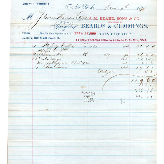 1874 S.M. Beard, Sons & Co Front St. New York Receipt Letterhead D24