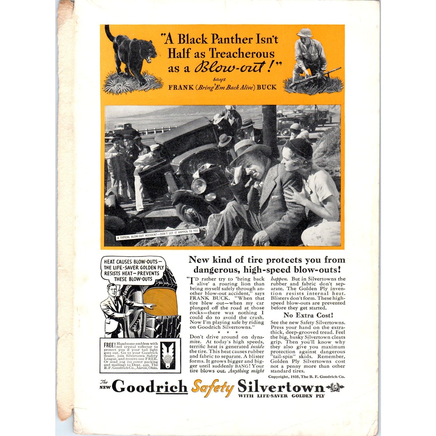 1935 Black Panther Goodrich Safety Silvertown Magazine Advertisement 7x10 D9