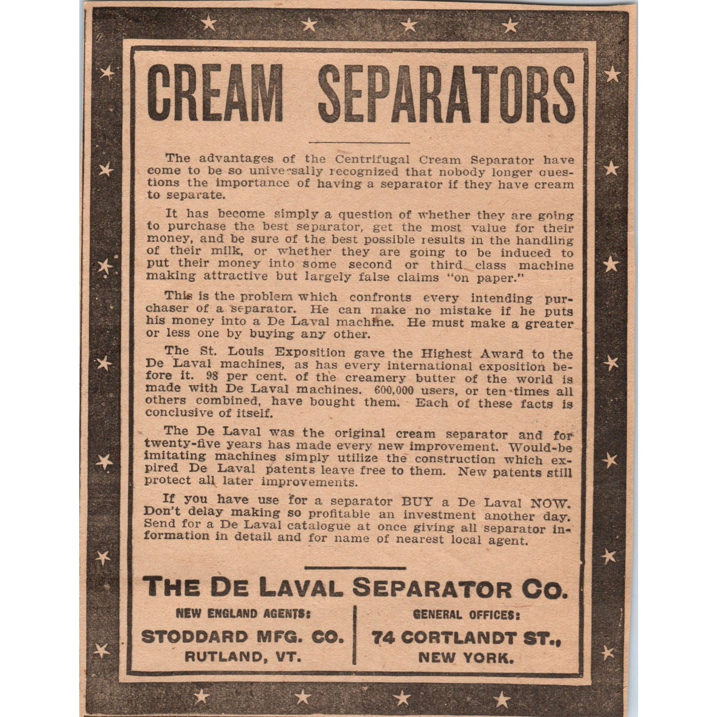 the DeLaval Separator Co Cream Separators Stoddard Mfg Rutland 1905 Ad AF1-NEH