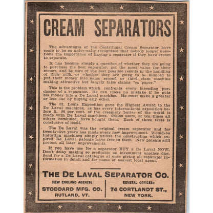 the DeLaval Separator Co Cream Separators Stoddard Mfg Rutland 1905 Ad AF1-NEH