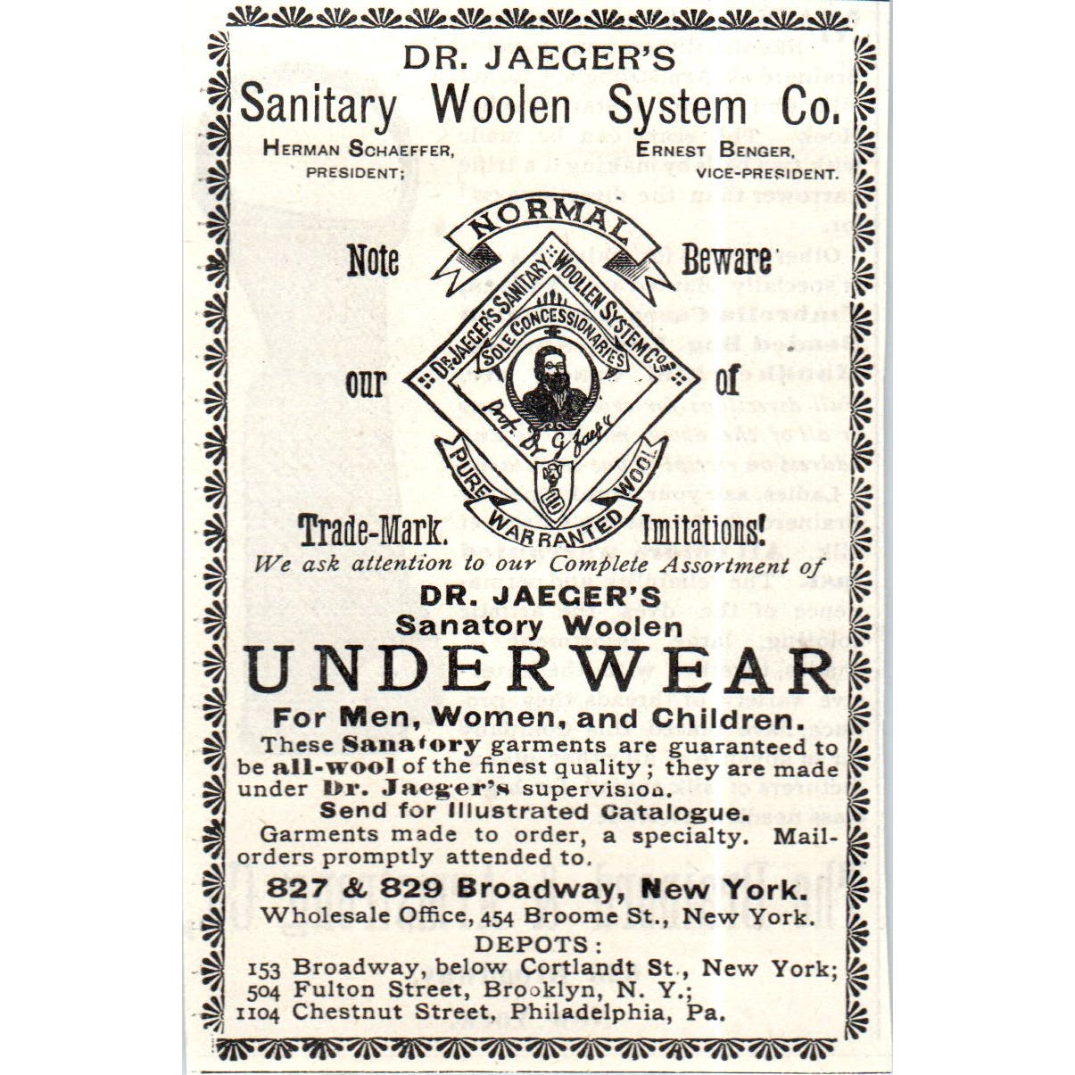 Dr. Jaeger's Sanatory Woolen Underwear NY c1890 Victorian Ad AE8-CH5