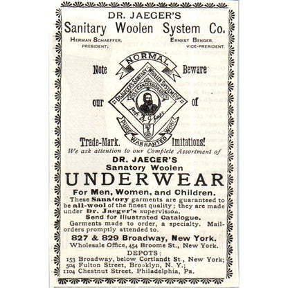 Dr. Jaeger's Sanatory Woolen Underwear NY c1890 Victorian Ad AE8-CH5