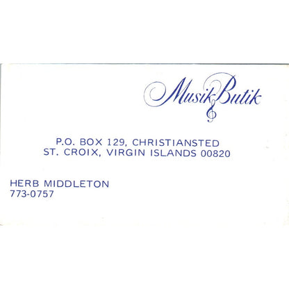 Musik Butik Herb Middleton St Croix Virgin Islands Vintage Business Card SD8-B20