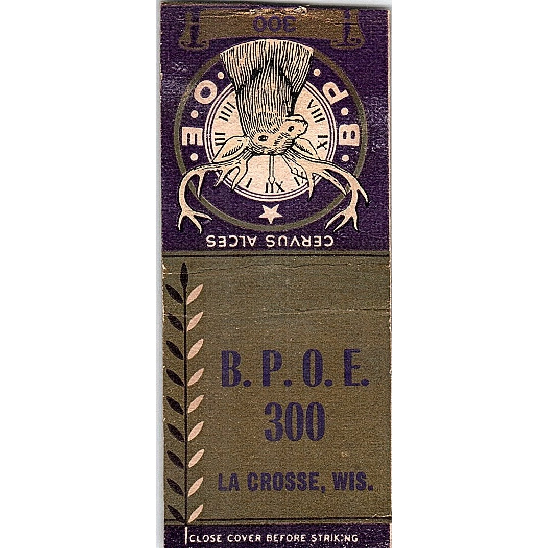 B.P.O.E. Elks Lodge 300 La Crosse WI Vintage Matchbook Cover SF3-Y1