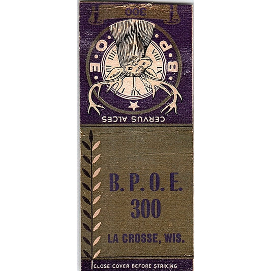 B.P.O.E. Elks Lodge 300 La Crosse WI Vintage Matchbook Cover SF3-Y1
