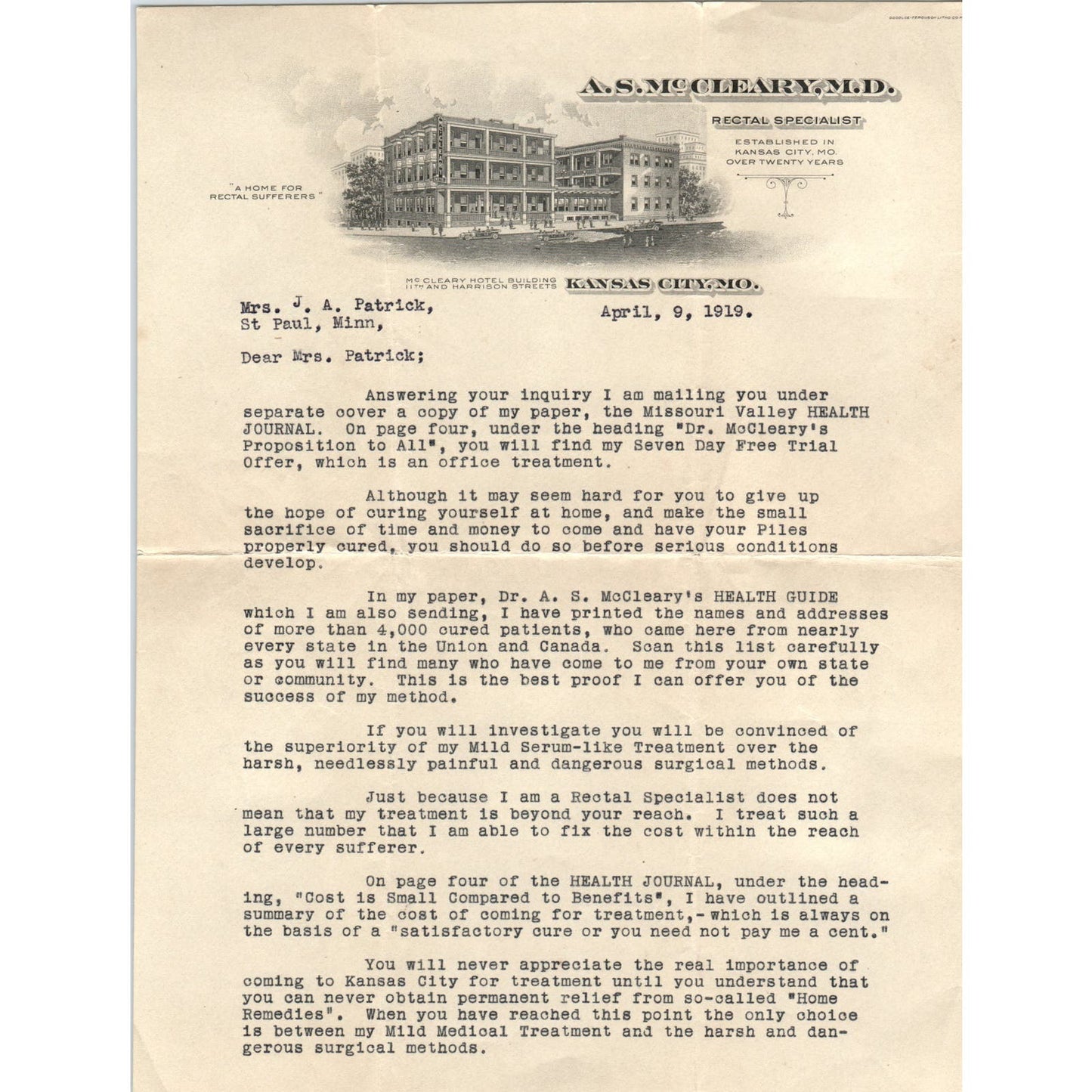 1910 A.S. McCleary M.D. Rectal Specialist Kansas City MO 2 Pages D17