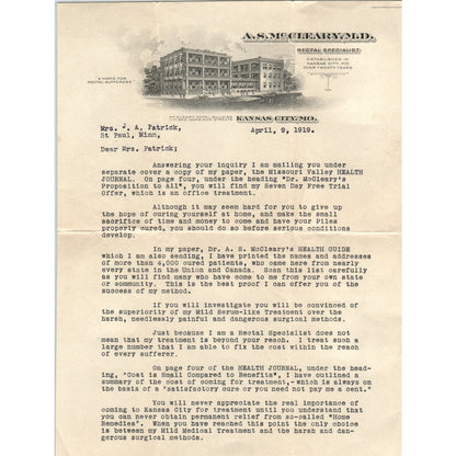 1910 A.S. McCleary M.D. Rectal Specialist Kansas City MO 2 Pages D17