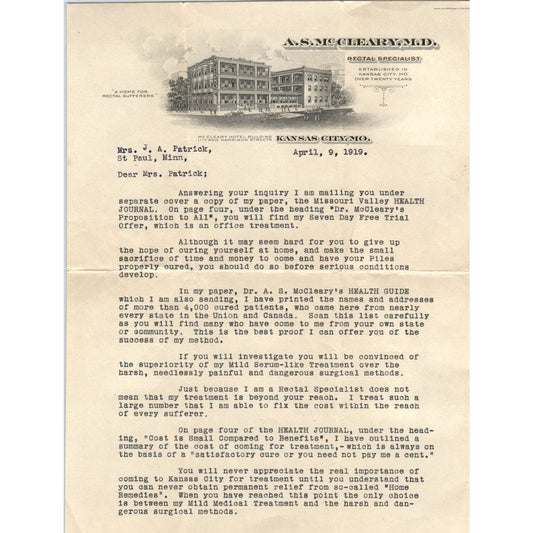 1910 A.S. McCleary M.D. Rectal Specialist Kansas City MO 2 Pages D17