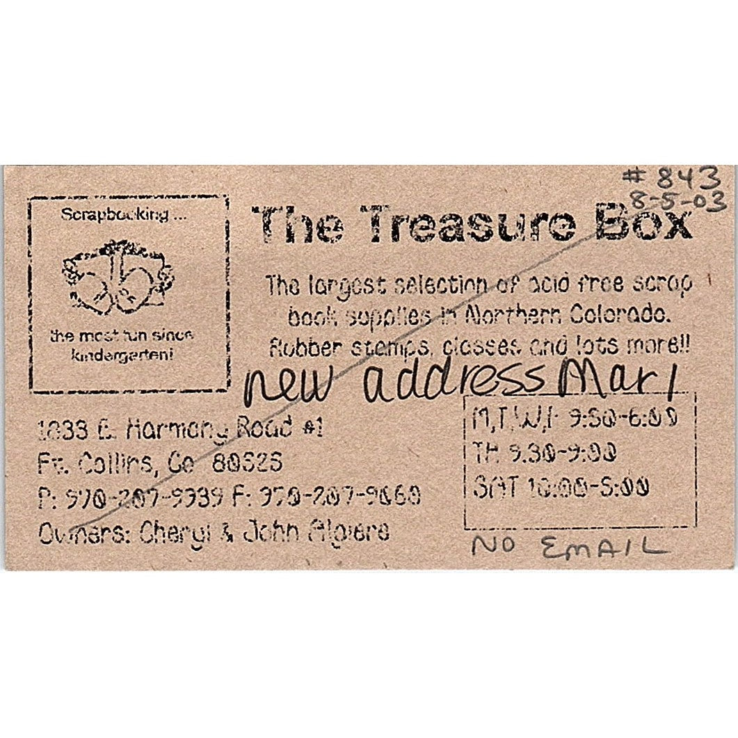 The Treasure Box Cheryl & John Algiere Ft Collins Vintage Business Card SC9-B9