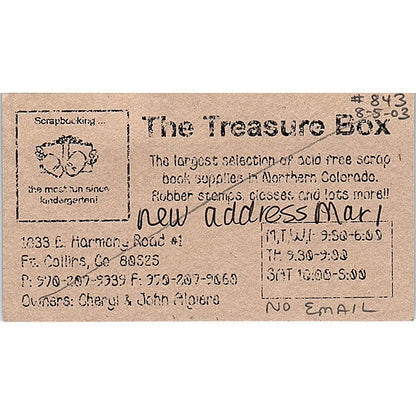 The Treasure Box Cheryl & John Algiere Ft Collins Vintage Business Card SC9-B9