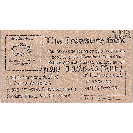 The Treasure Box Cheryl & John Algiere Ft Collins Vintage Business Card SC9-B9