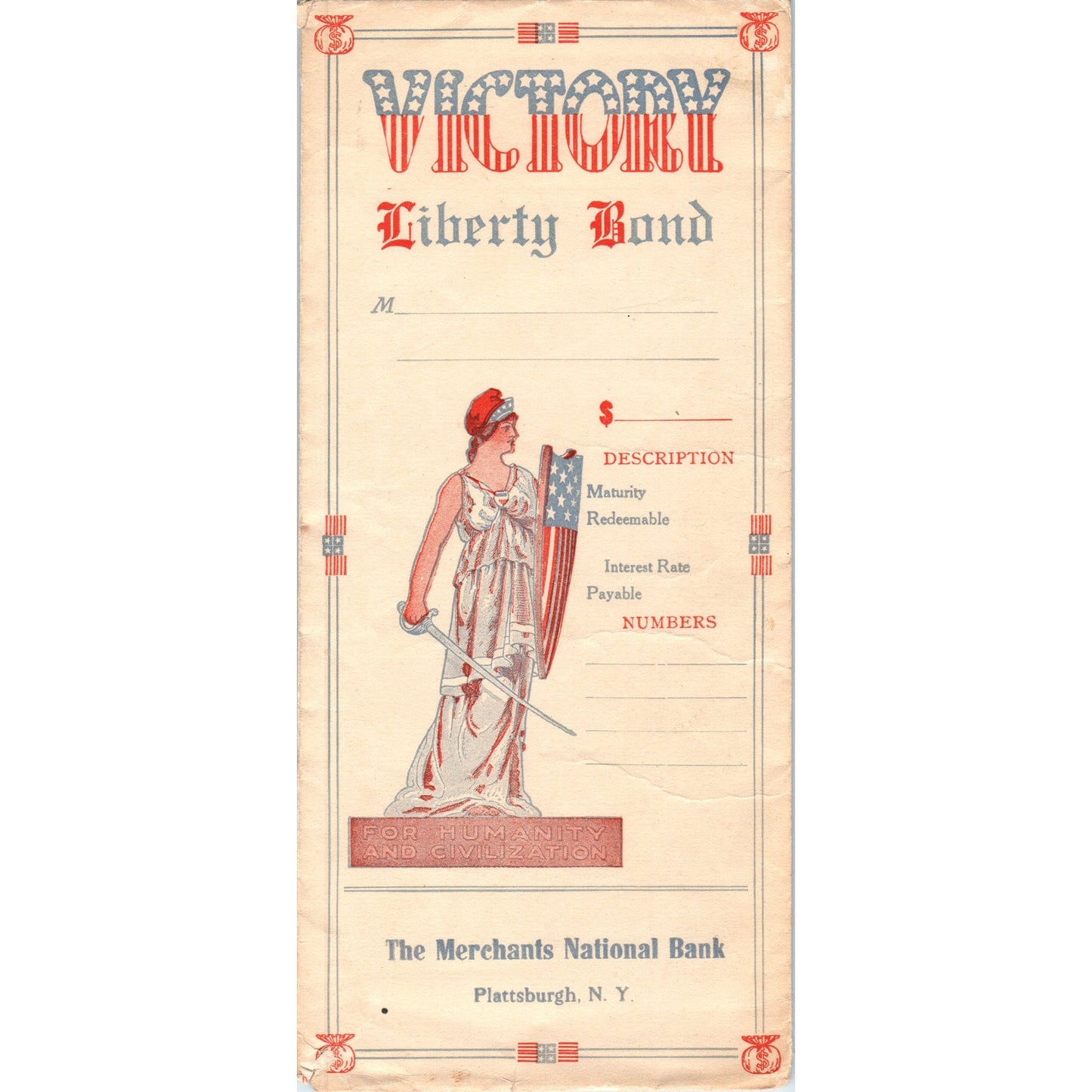 Merchants National Bank Plattsburgh NY Victory Liberty Bond Envelope AF7-E6