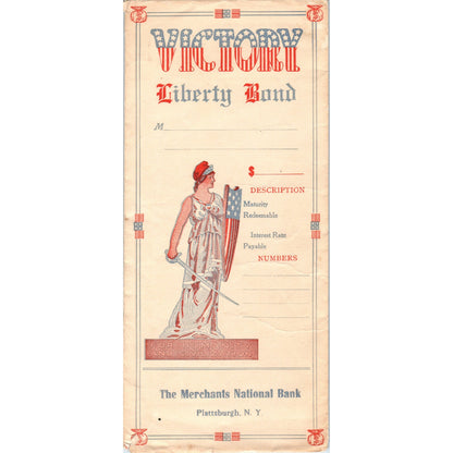 Merchants National Bank Plattsburgh NY Victory Liberty Bond Envelope AF7-E6