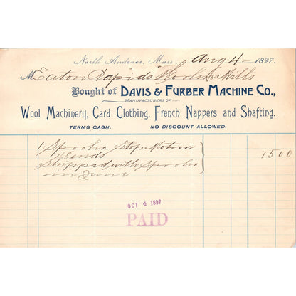 1897 Davis & Furber Machine Co North Andover Depot MA Billhead Letterhead D17-2