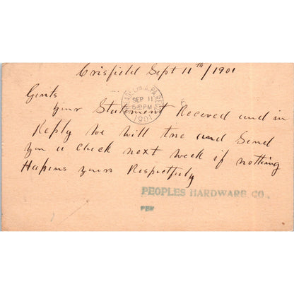 1901 Peoples Hardware Co Philadelphia PA Postal Mailing Card PE4
