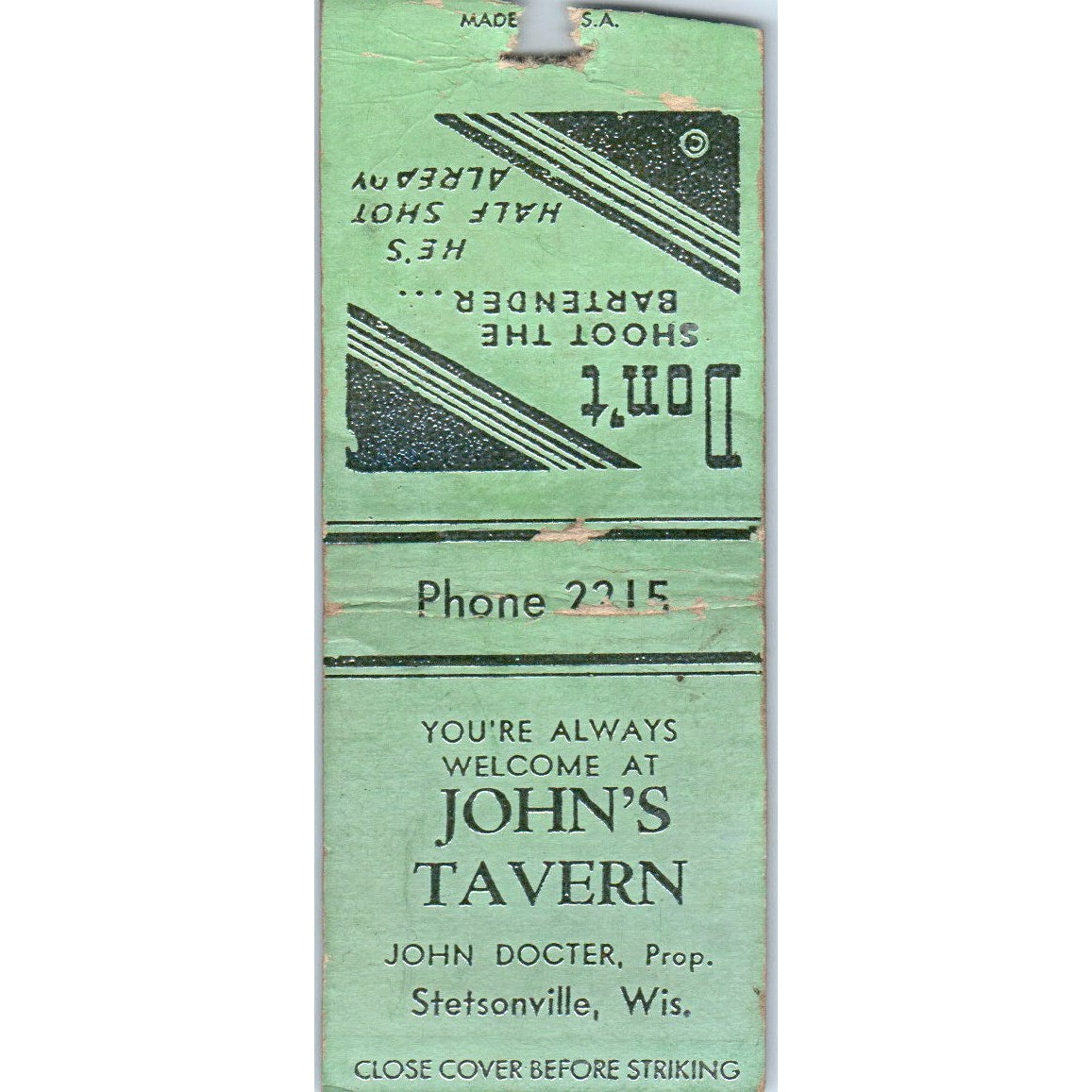 John's Tavern John Doctor Stetsonville WI Vintage Matchbook Cover SD4-Y6