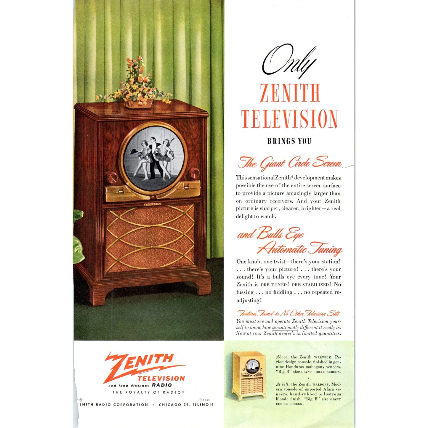 Zenith Television Giant Circle Screen Bulls Eye Tuning - Vintage Magazine Ad D20