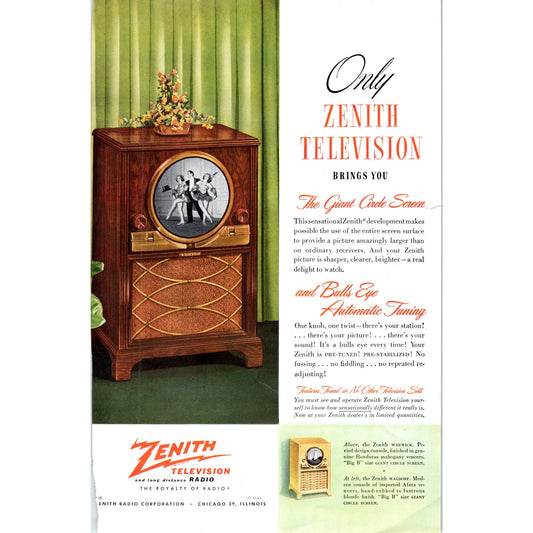 Zenith Television Giant Circle Screen Bulls Eye Tuning - Vintage Magazine Ad D20