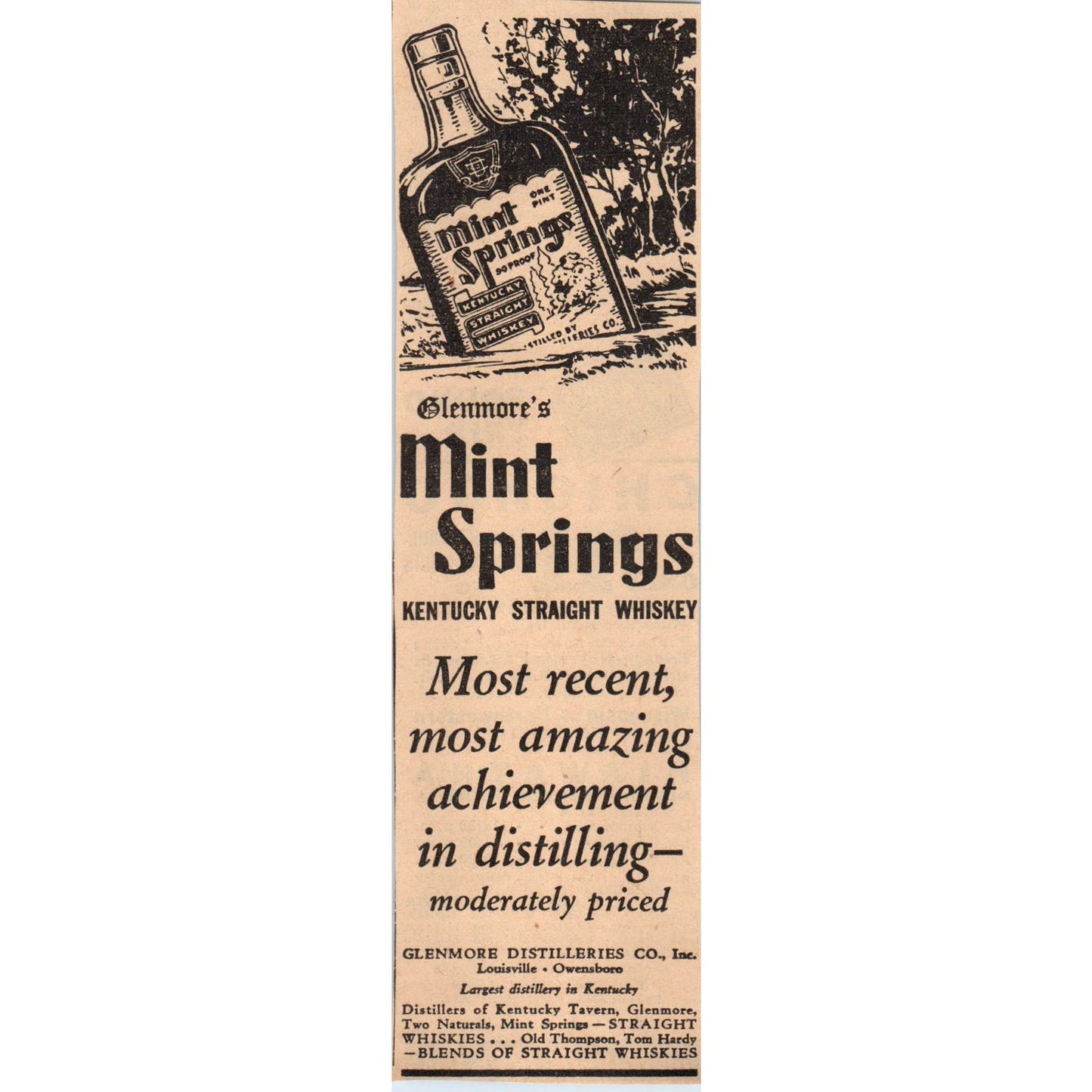 Glenmore's Mint Springs Kentucky Whiskey 2x6 1935 Minneapolis Journal Ad AE7-H1