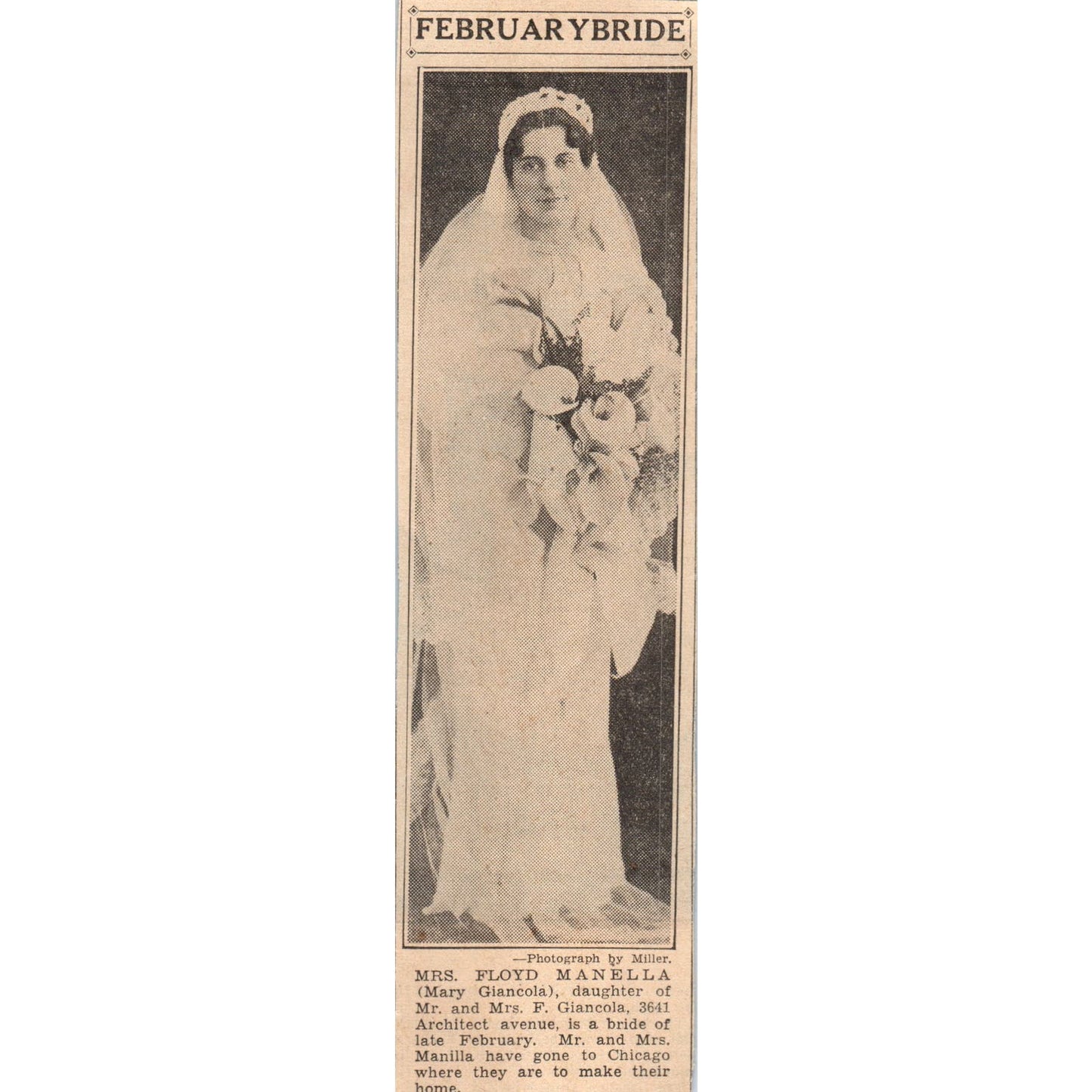 Floyd Manella Mary Giancola Wedding Chicago 1935 Newspaper Article AE7-N4